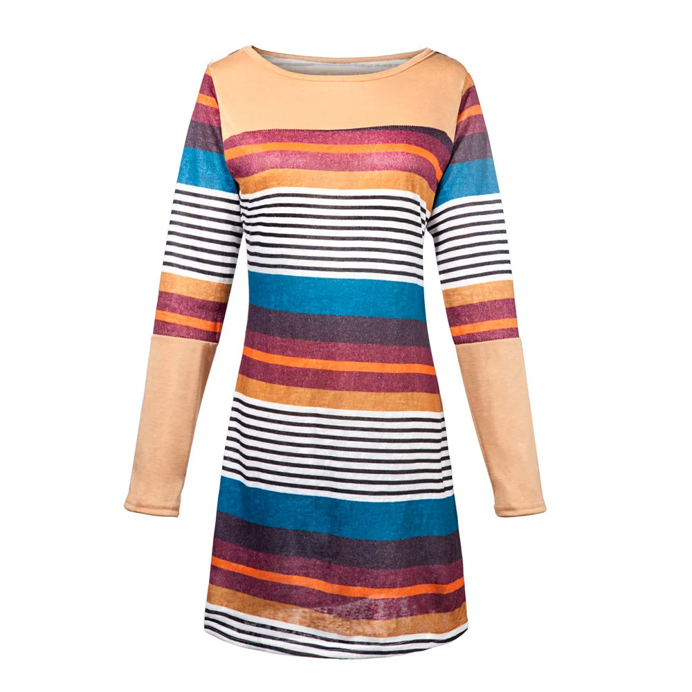 Модное женское Полосатое повседневное мини-платье с длинными рукавами выше