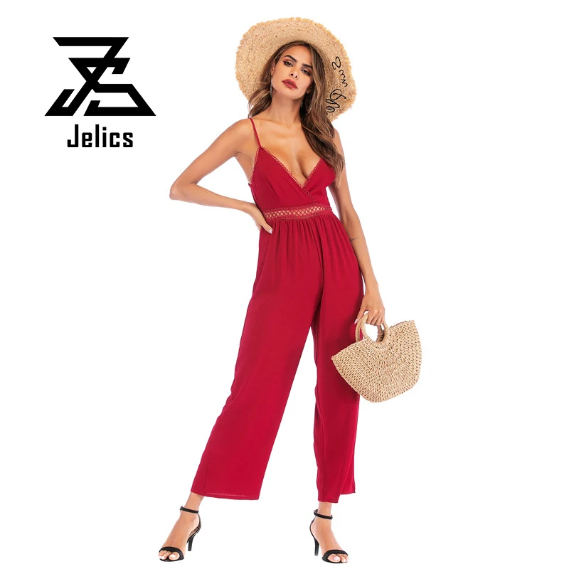 

Jelics Women Summer Sexy Casual Wine Red Jumpsuit Lace Hollow Out Sleeveless V-neck Backless Chiffon Loose Romper Bodysuit Lady