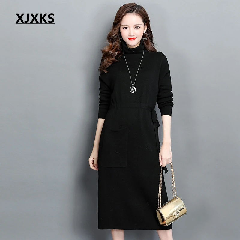 Женское трикотажное платье XJXKS осенне зимнее свитер с поясом и карманами новинка