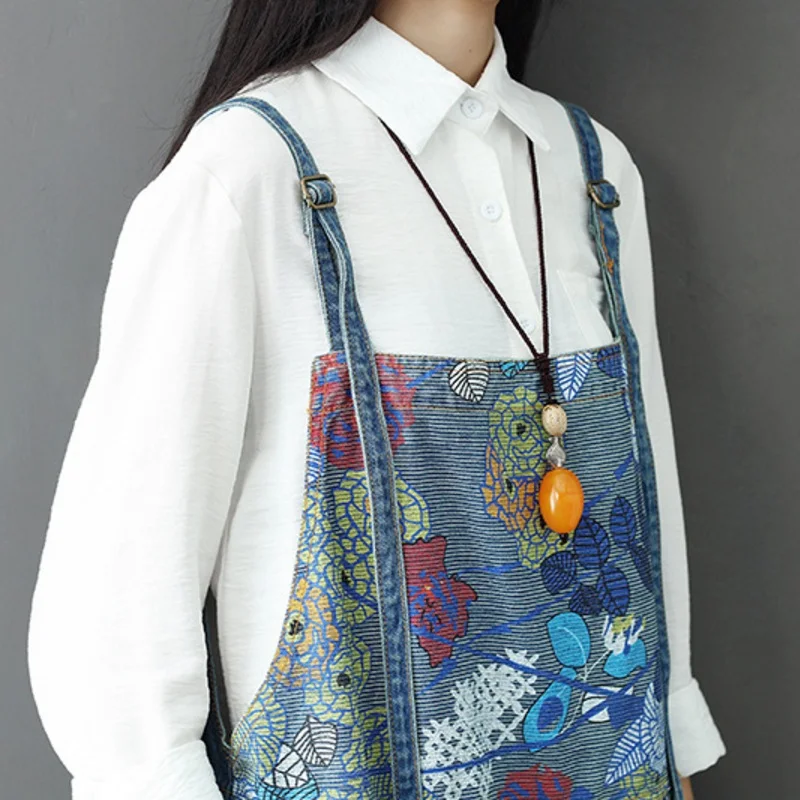 YDHR New Casual Denim Full Length Jumpsuits 2019 Summer Loose Patchwork Vintage Print 2 Colors Women y94 | Женская одежда