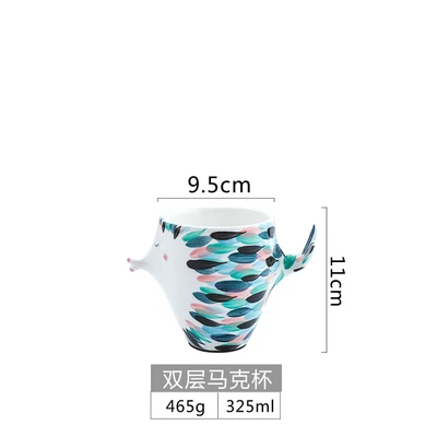 Double wall 325ml Дизайн целующиеся Рыбы Керамическая кофейная чашка и блюдце Забавный фарфор Мода Zakka кафе tazas эспрессо чашки для пары подарок - Цвет: Double wall 325ml