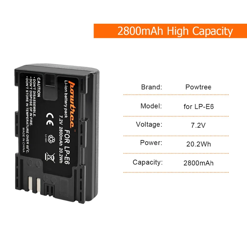 2 шт. аккумуляторы и зарядное устройство Powtree для камер Canon EOS 5D Mark II 7D 6D 60Da 80D 5DS 7 в 2800