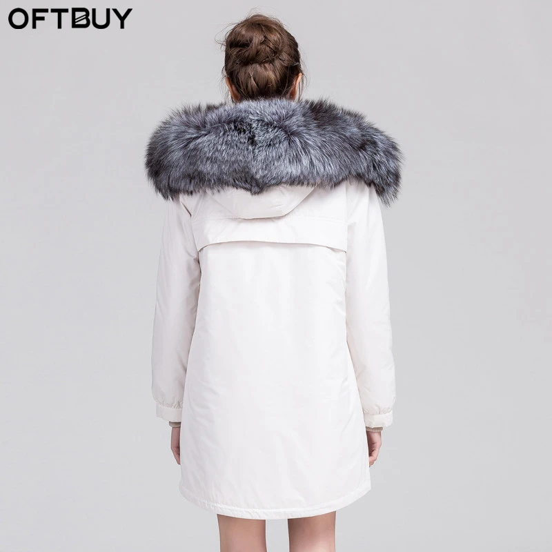 Oftbuy Новинка 2017 белая зимняя куртка женские парки пальто с мехом натуральным