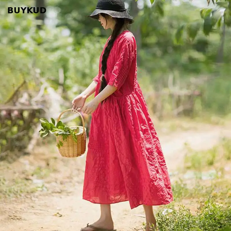Фото BUYKUD 100% хлопок летнее платье для женщин Prairie Chic Свободные Повседневное красное BUYKUD 100% хлопок летнее платье для женщин Prairie Chic Свободные Повседневное красное