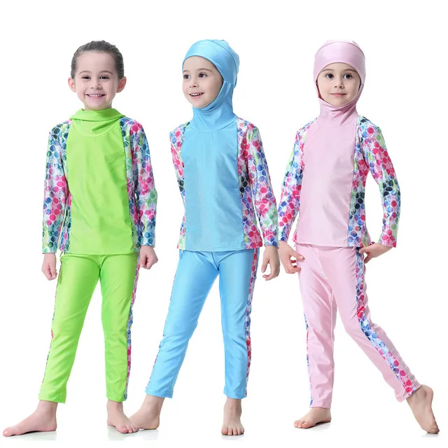 

Girls Muslim Swimsuit Islamic Children Islam Modest Print Bathing Suit Swim Wear Beachwear Set Burkinis Kids Teens Hijab Clothes