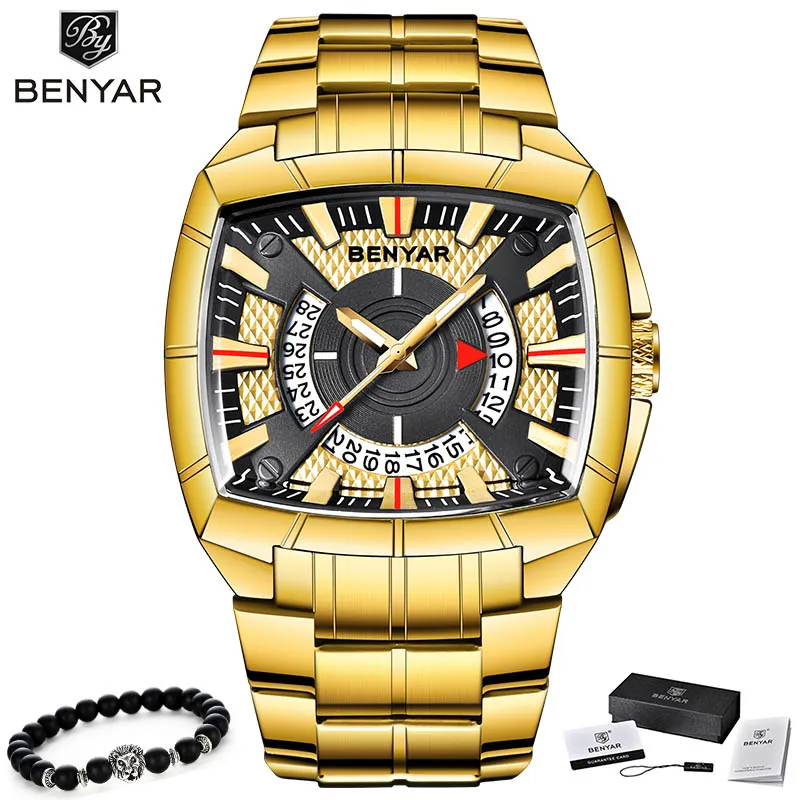 Gold Gold BENYAR брендовые оригинальные уникальный дизайн мужские наручные часы с широким большим циферблатом повседневные кварцевые часы золотые мужские спортивные часы большие часы - Цвет: Gold Gold