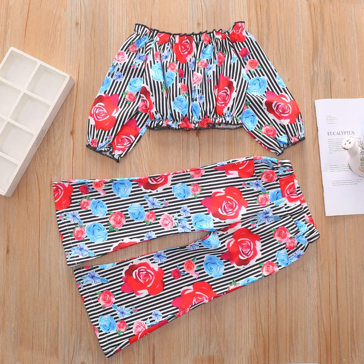 Летняя одежда для девочек 2019 комплект полосатые длинные штаны с цветочным