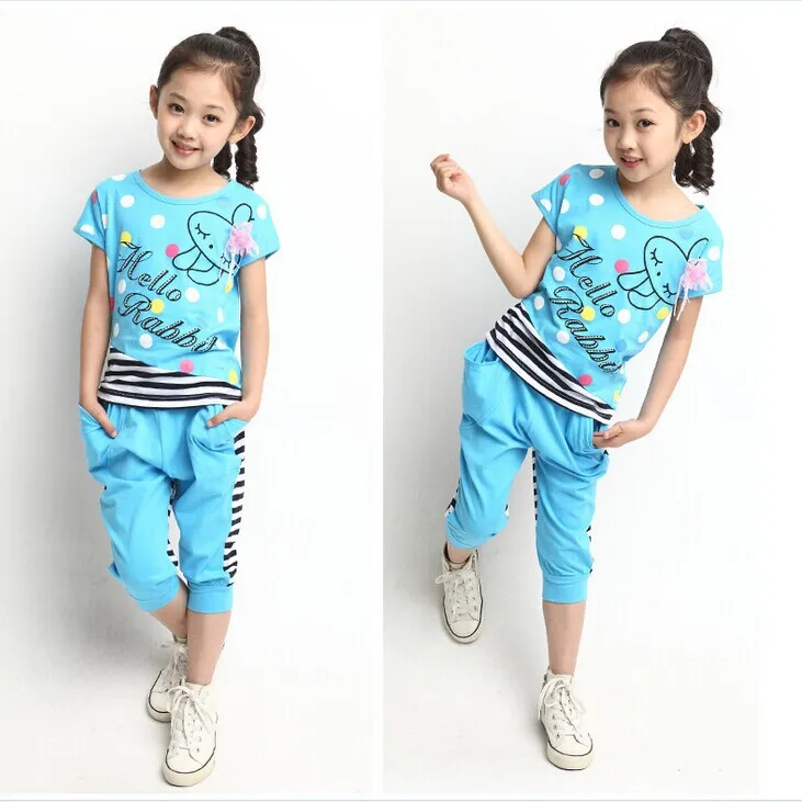Sky Blue Летний комплект для девочек г. Комплект одежды для детей, хлопок, комплекты одежды для девочек с надписями повседневный комплект с короткими рукавами для девочек - Цвет: Sky Blue
