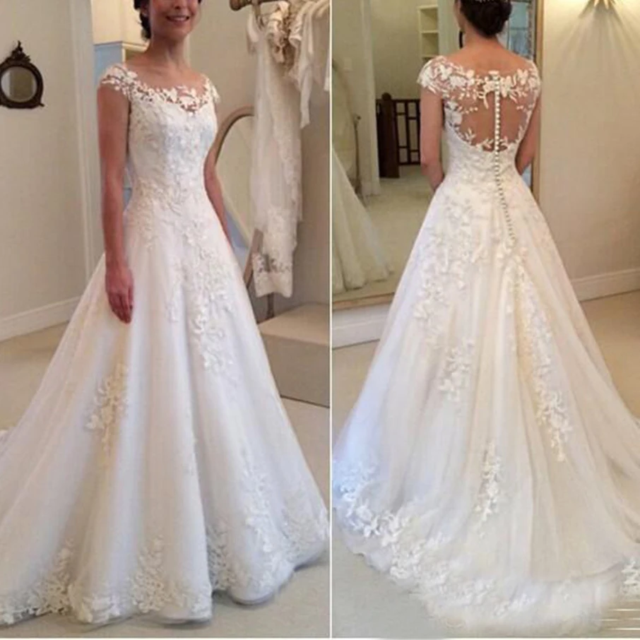 

Elegant Illusion Appliques Beading scoop Sweep Train Ball Gown Cap Sleeve robe de soiree Wedding Dress 2023