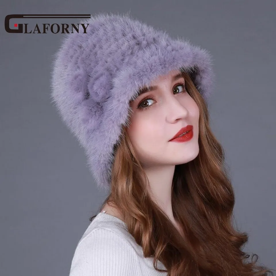 Glaforny 2017 натуральная вязаная норковая меховая Панама с цветком зимняя женская