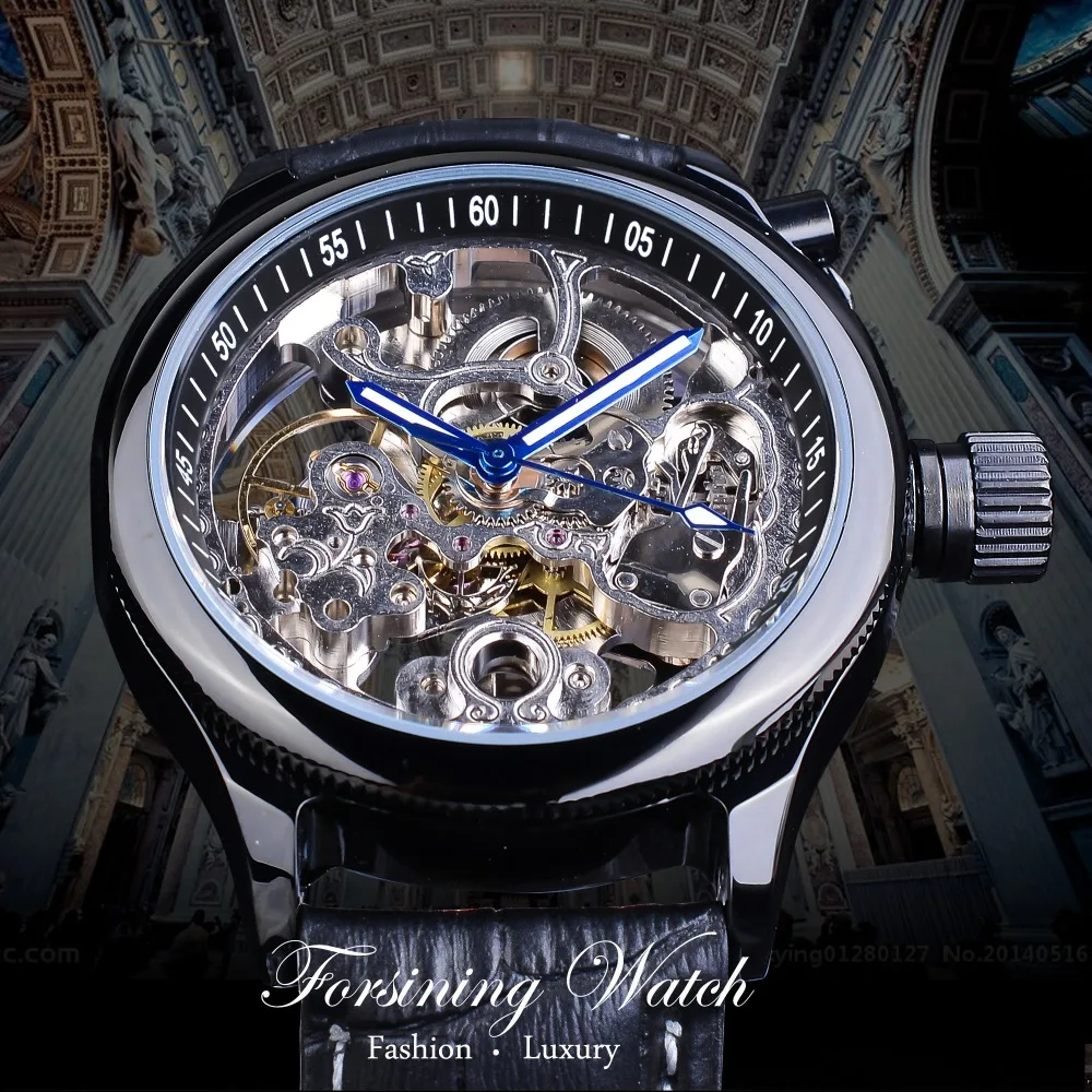 Forsining Skeleton Clock Blue Hands Gear Bezel Black Genuine Leather Screw Crown Cap Design Men Mechanical Watch Luminous Hands