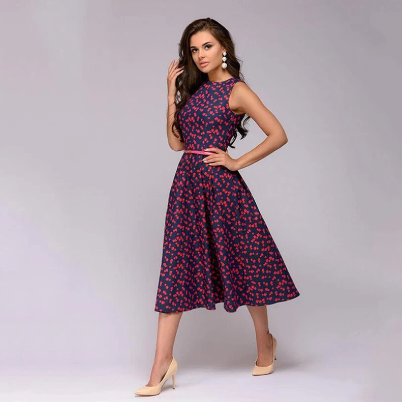 Женское винтажное платье трапециевидной формы с круглым вырезом без рукавов