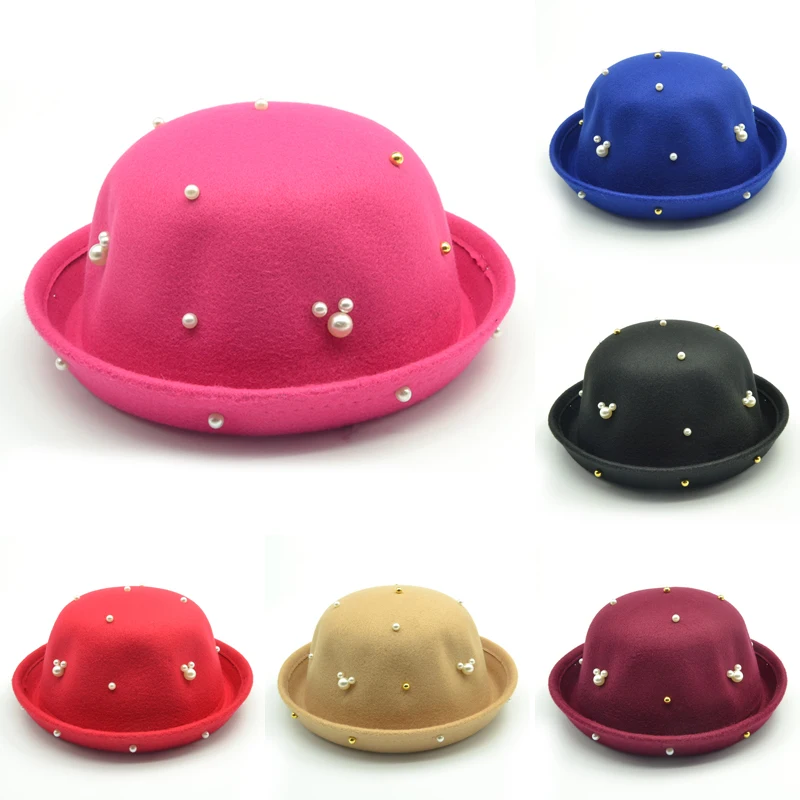 

Cartoon Mickey child bowler hat wool felt Fedora hats for Women Girls Children Cute pearl Mickey Ear cap trilby Sombrero Derby