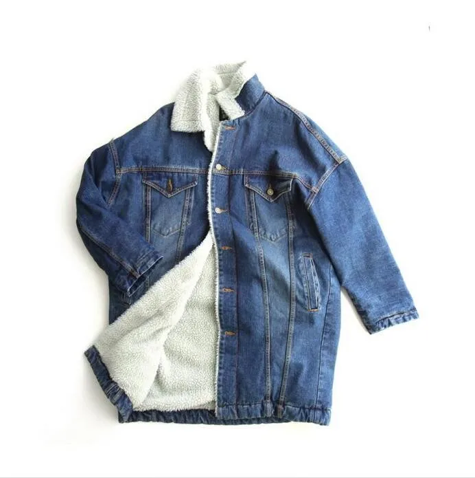 Ретро Женская флис толстый длинный джинсы пальто зима большой лацкан Подкладка