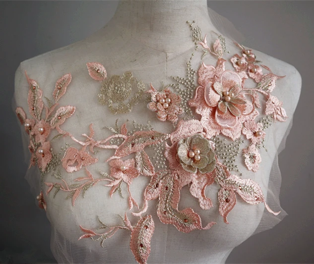 Кружевные патчи с объемными цветами 10 шт. розовые и персиковые кружевной