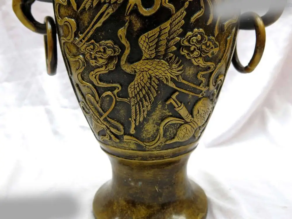 13 &quotКитай латунь тонкой работы лаки Два краны восьми сокровищ Вазы Скульптуры |