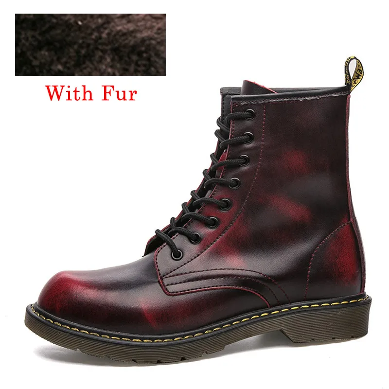 PINSV Motorcycle Boots Men Work Shoes Ankle Leather Boots Men Military Boots Red Plus Size 38-47 Sapato Masculino - Цвет: red with fur