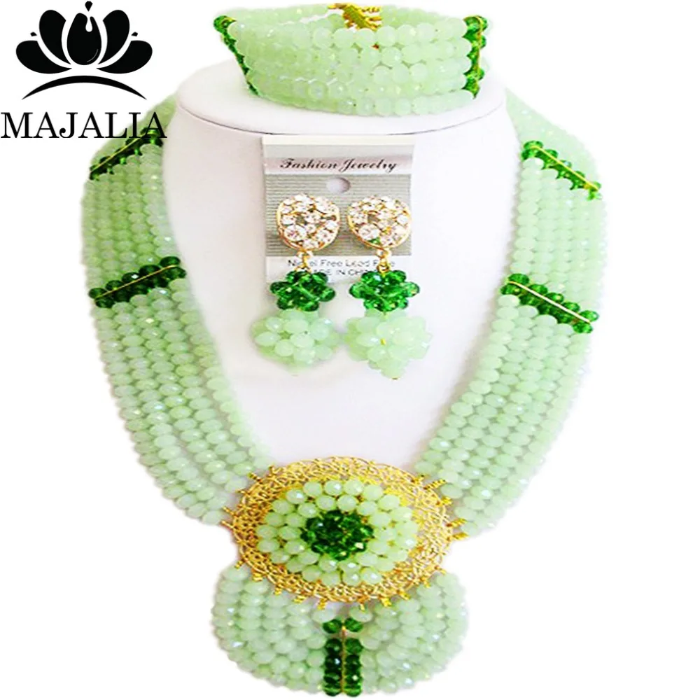 

Nigerian wedding African beads jewelry set crystal Mint Green necklace bracelet earrings A well-known brand Majalia Y-31