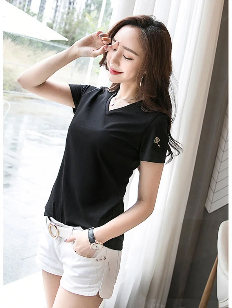 Футболка женская хлопковая с вышивкой и зонтиком V образным вырезом|Футболки| |