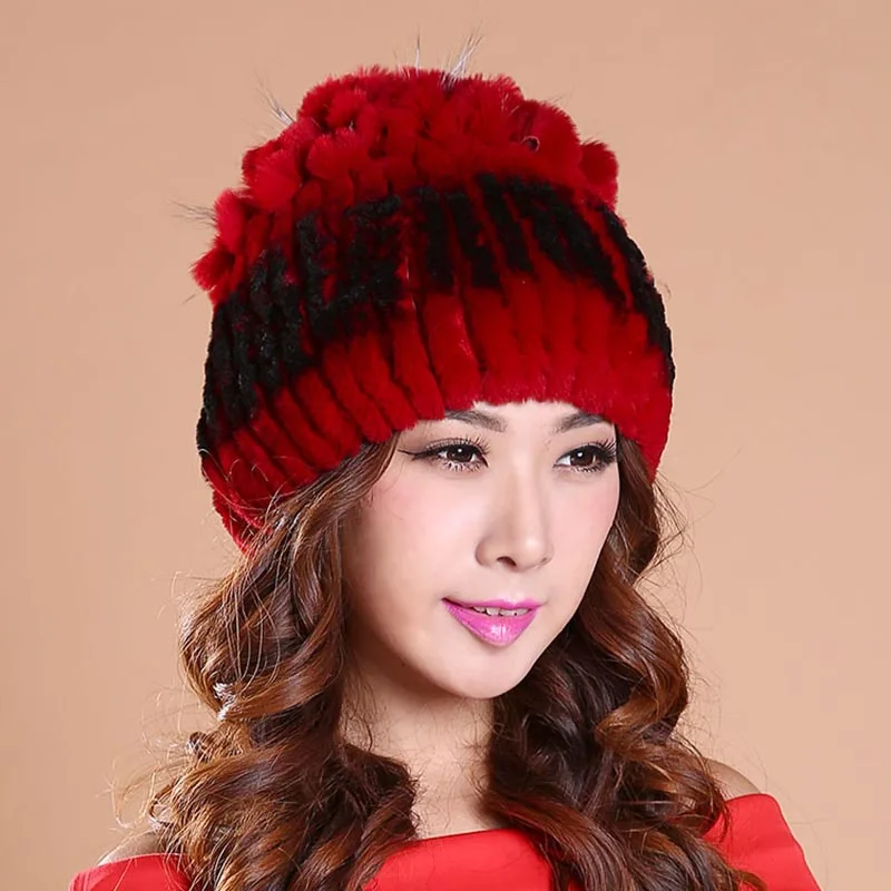 Новинка Женская Зимняя Шапка бини из натурального кроличьего и лисьего меха