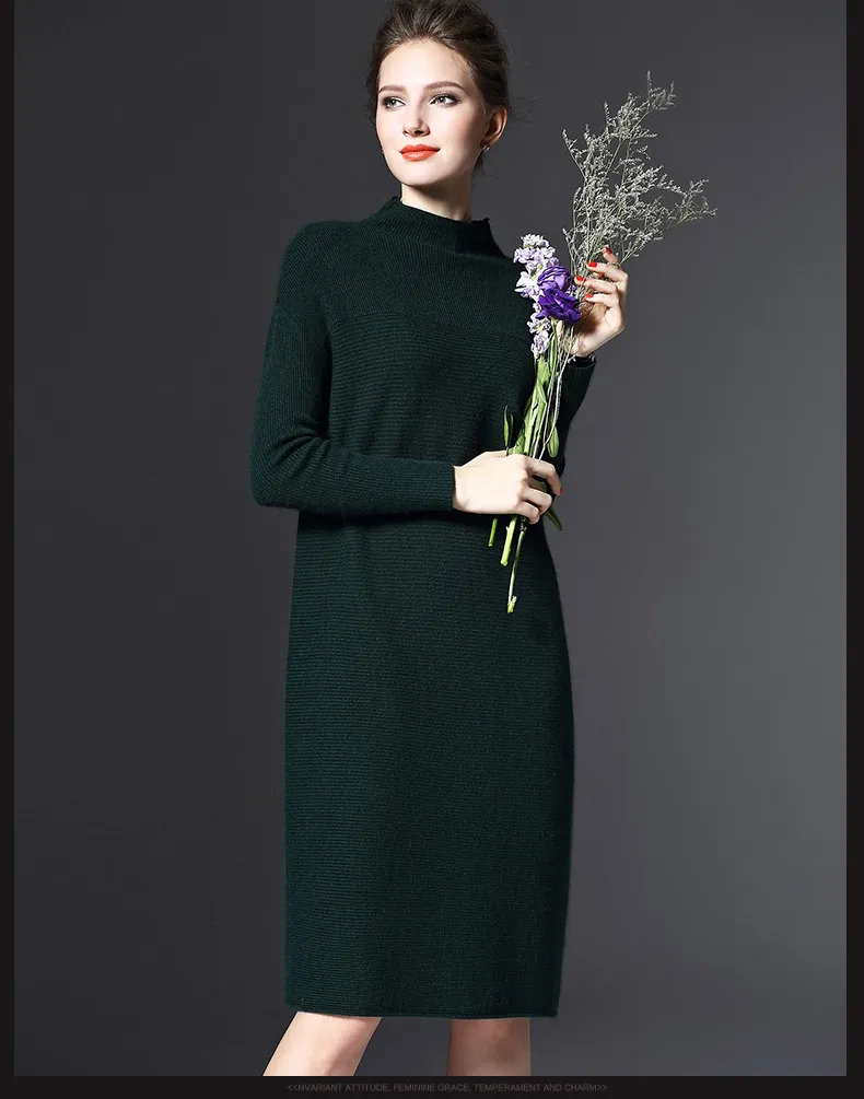 Женское трикотажное платье-свитер с круглым вырезом и длинным рукавом | Женская