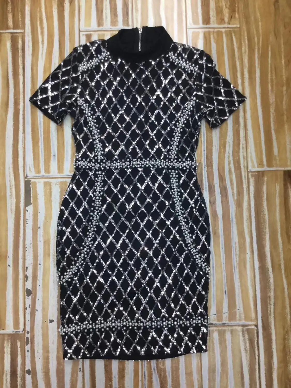 

2019 New Women black Beading Turtleneck short sleeve Bandage Dress Vestido Luxury Celebrity Evening Party Dresses