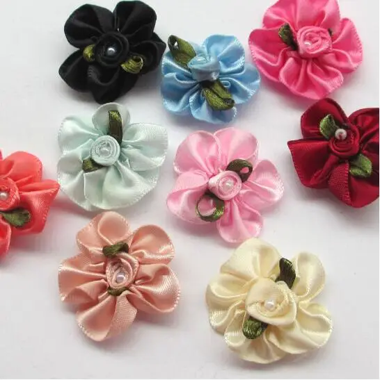 30 шт. атласная лента цветы w/бисерный лист Роза свадебные Швейные Аппликации