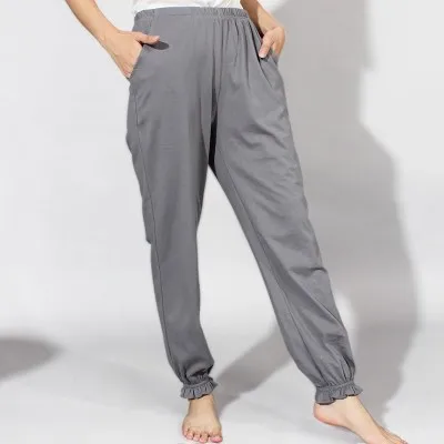 grey UNIKIWI. женские хлопковые длинные штаны с завязками на лодыжке, пижамные брюки, женские Пижамные брюки Лолиты с завязками на краях дома. Lounge - Цвет: grey