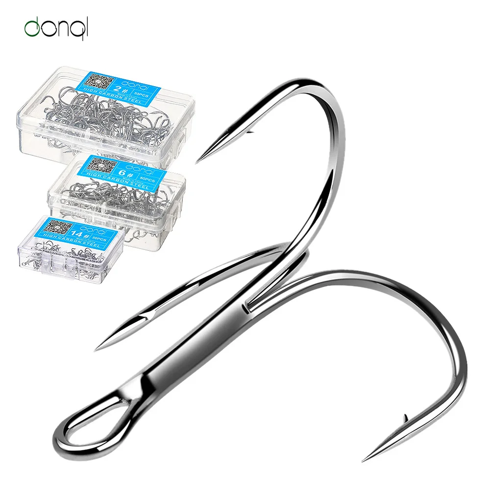 DONQL 50pcs/Box High Carbon Steel Treble Fishing Hooks Offset Fishooks for Carp Fishing Overturned Sharp Hooks Fish Tackle