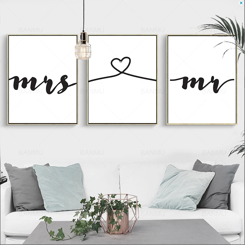 Скандинавский черный и белый Mr Mrs Love Печать на стене холст постер настенная