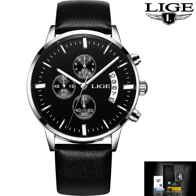 leather silver black LIGE мужские s часы Топ люксовый бренд водонепроницаемые Модные кварцевые часы мужские повседневные кожаные спортивные наручные часы Relogio Masculino - Цвет: leather silver black