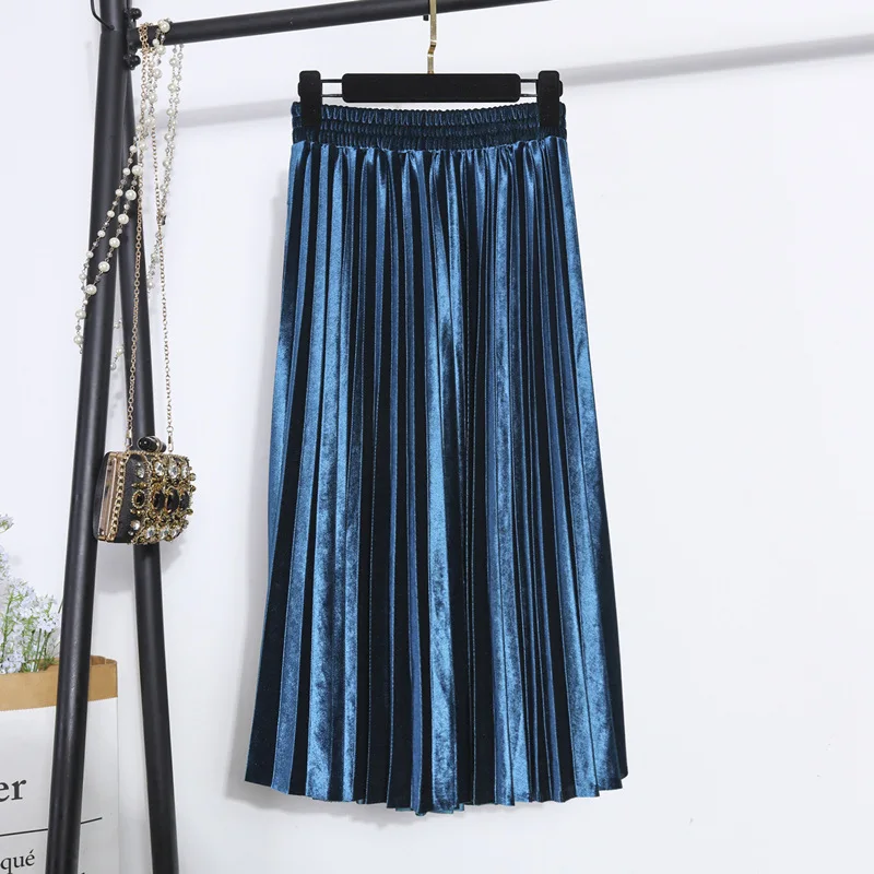 peacock blue PEONFLY 13 стильные юбки из искусственной кожи женские осенние зимние элегантные длинные плиссированные юбки женские юбки из искусственной кожи с высокой талией женские - Цвет: peacock blue