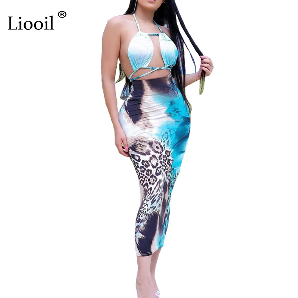 Небесно-голубой Liooil Tie Dye Женский комплект 2 шт. Холтер облегающее Макси платье с открытой спиной Платья размера плюс длинные сексуальные платья вечерние платья для ночного клуба - Цвет: Небесно-голубой