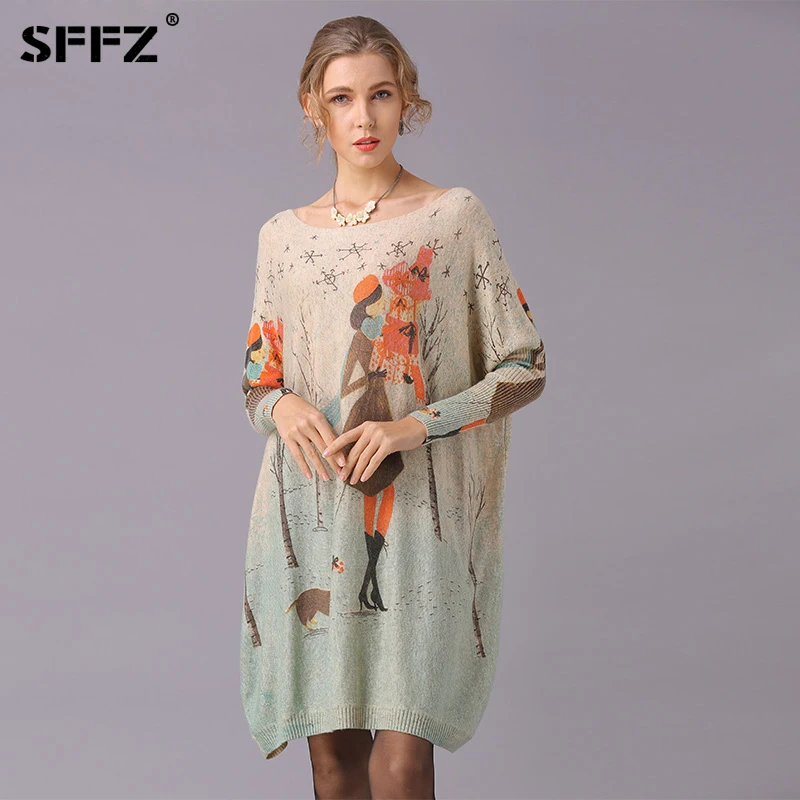 SFFZ Wool Sweaters for Women Free Size Oversized Lady Sweater Pullover Fashion Slash Neck Print Ladies Batwing Sleeve Pullovers | Женская