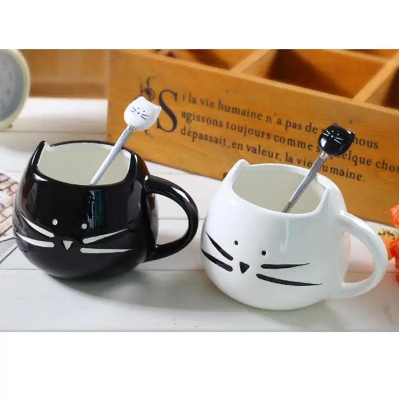 Ложки из нержавеющей стали с черно белой керамической ручкой кошки ложка для