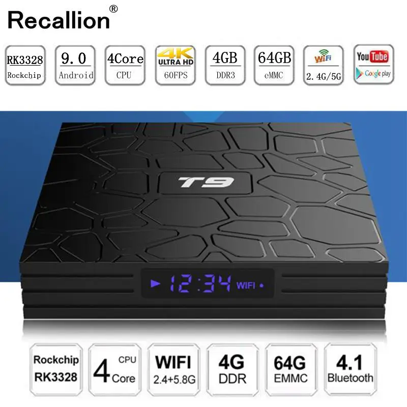 Android 9 0 Smart tv Box RECALLION T9 4 Гб ОЗУ 32 ГБ/64 Rockchip RK3328 H.265 4K дополнительно 2 г/5 ГГц двойной wifi