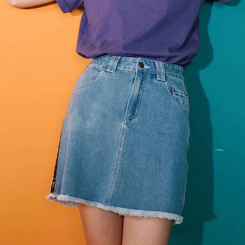 

England Fashion Design Preppy Style Women Denim Skirts Running Printed Ribbon Side Girl's Mini Skirt Above Knee 2018 Summer