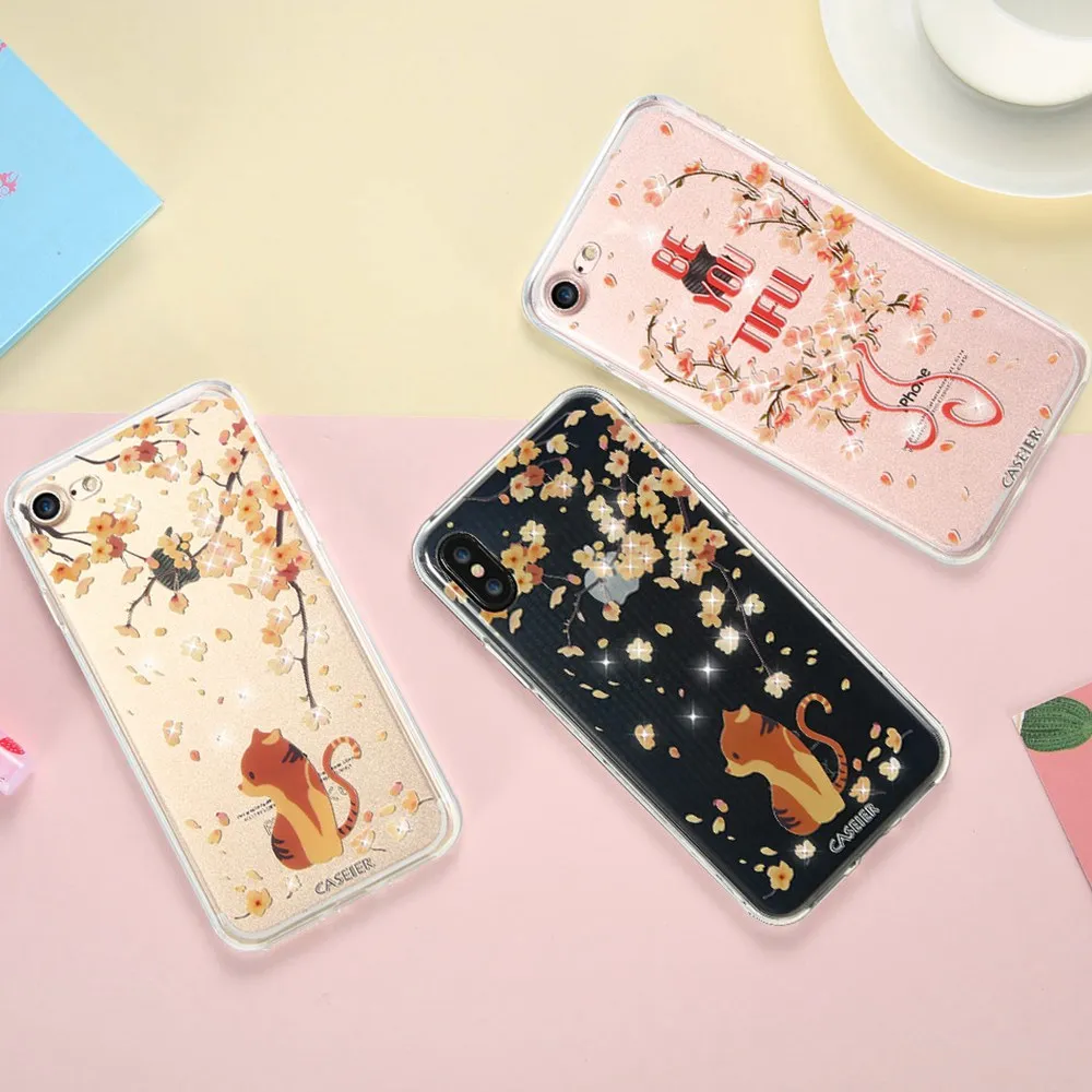 CASEIER чехол с милым котом для iPhone 6 6s 7 8 Plus мягкий силиконовый блестящими
