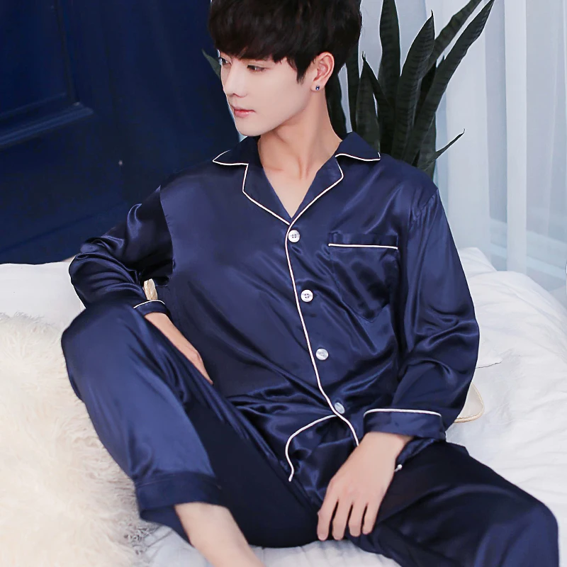 2019 Men Pajama Sets Long Sleeve Autumn Silk Sleepwear For Suit Pijama Man Summer Two-Piece Pyjama | Мужская одежда