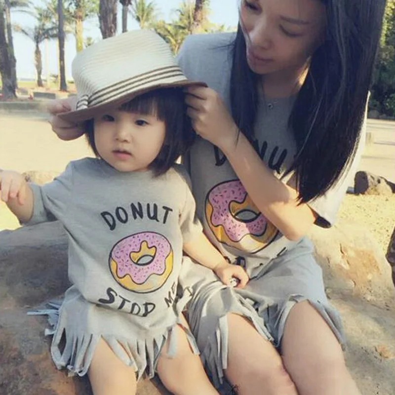 

Summer Style Mother Daughter Matching Dresses Cotton Letter Doughnut Printing Fashion Tassels Mother And Daughter Clothes