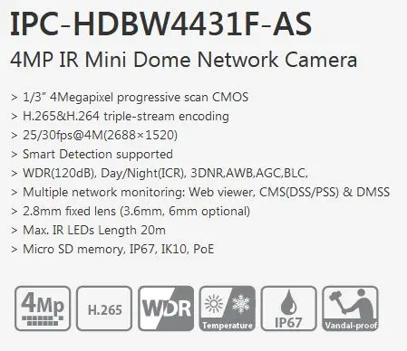Dahua IPC-HDBW4431F-AS 4 МП мини купольная сетевая камера IK10 POE IR 20 м IP67 Micro SD камера видеонаблюдения Интеллектуальное обнаружение с логотипом