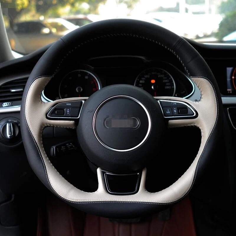 Блестящие пшеницы Черный Бежевый кожаный ручная прошивка автомобиля рулевое колесо Крышка для Audi A1 A3 A5 A7