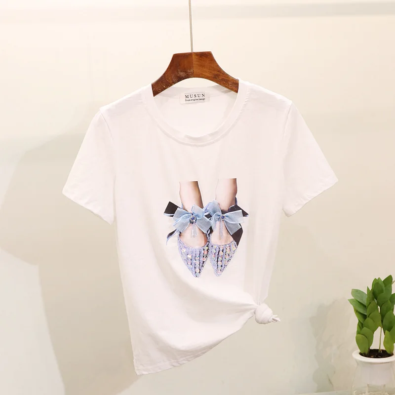 Летняя женская футболка модная с короткими рукавами и принтом бисером Топы + юбка