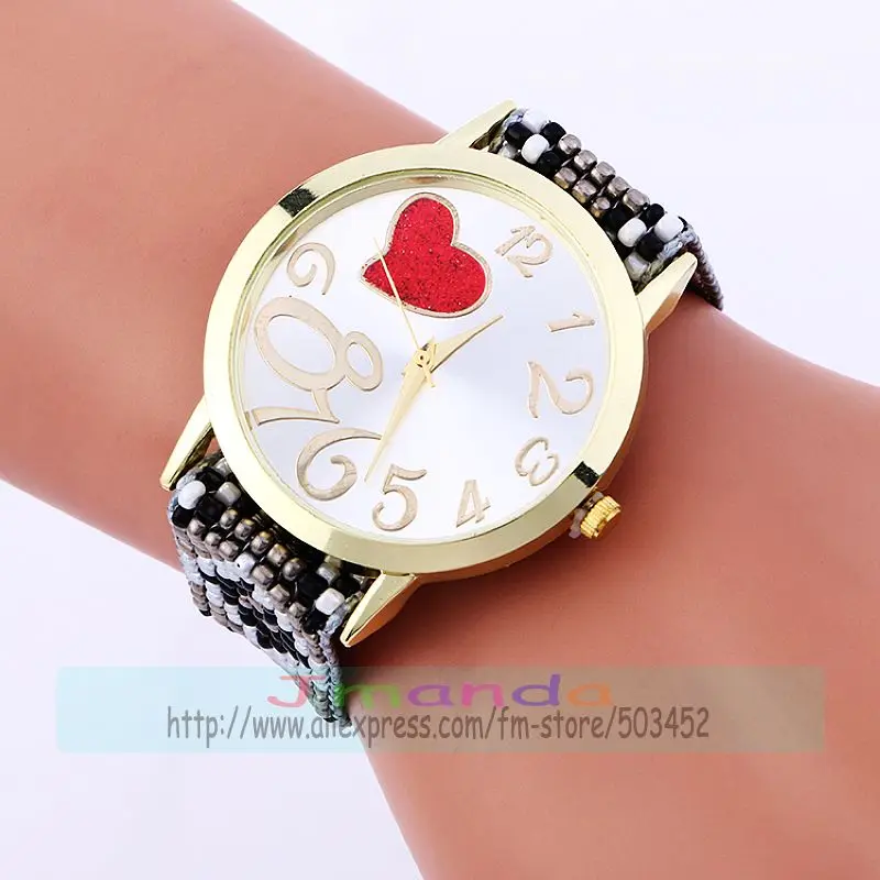 100pcs/lot 918097 women bead rope bracelet watches new ladies casual dress weave love big number watch heart style beaded clock | Наручные