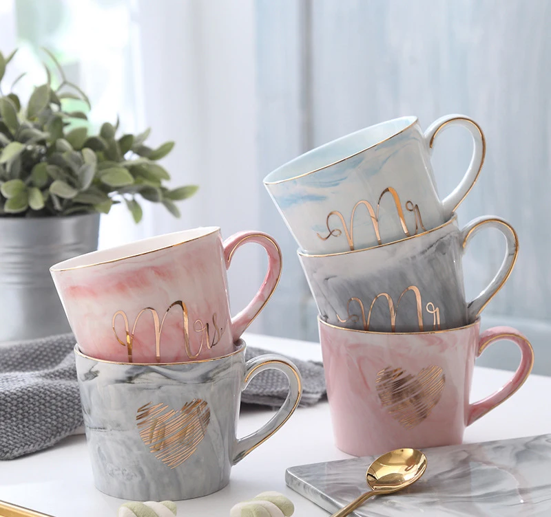 Handpainted Gold Monogram Natural Marble Porcelain Coffee Mug Mr and Mrs Tea Milk Cups and Mugs Creative Wedding Gift