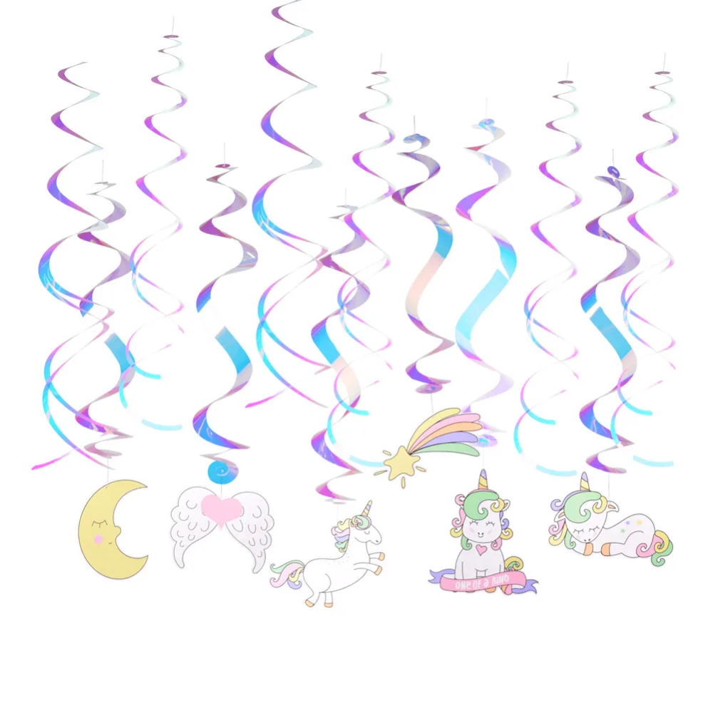 12 шт./компл. Единорог вечерние украшения Радуга завитки из фольги для Baby Shower