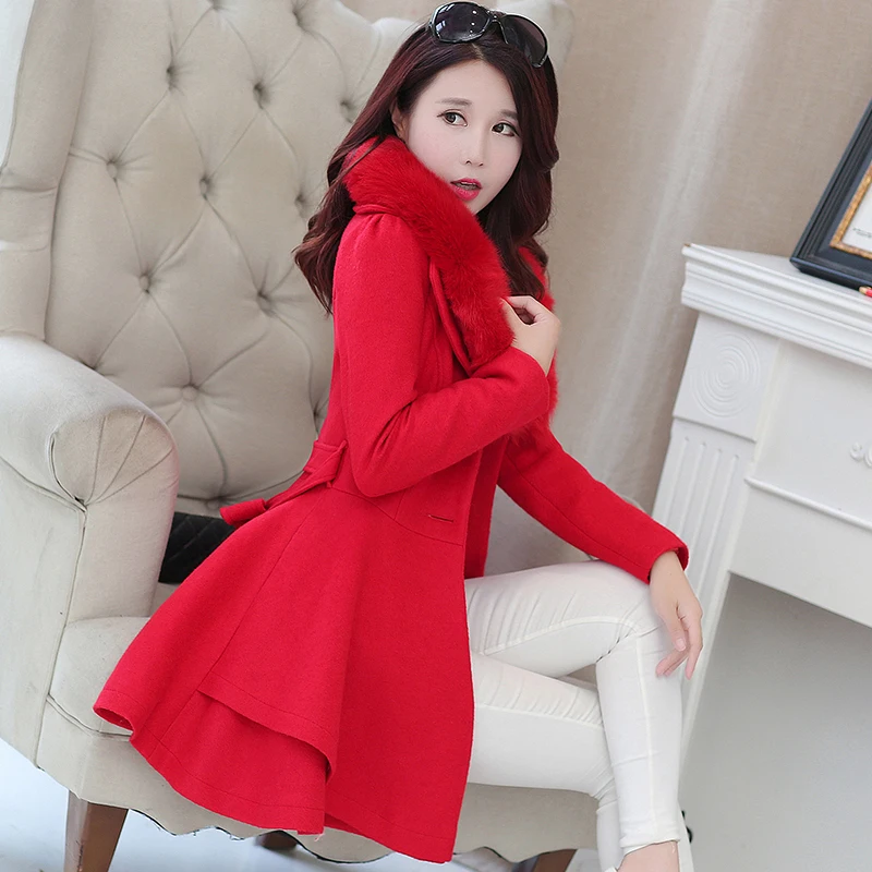 Зимнее женское пальто 2017 новое модное тонкое шерстяное с большим меховым