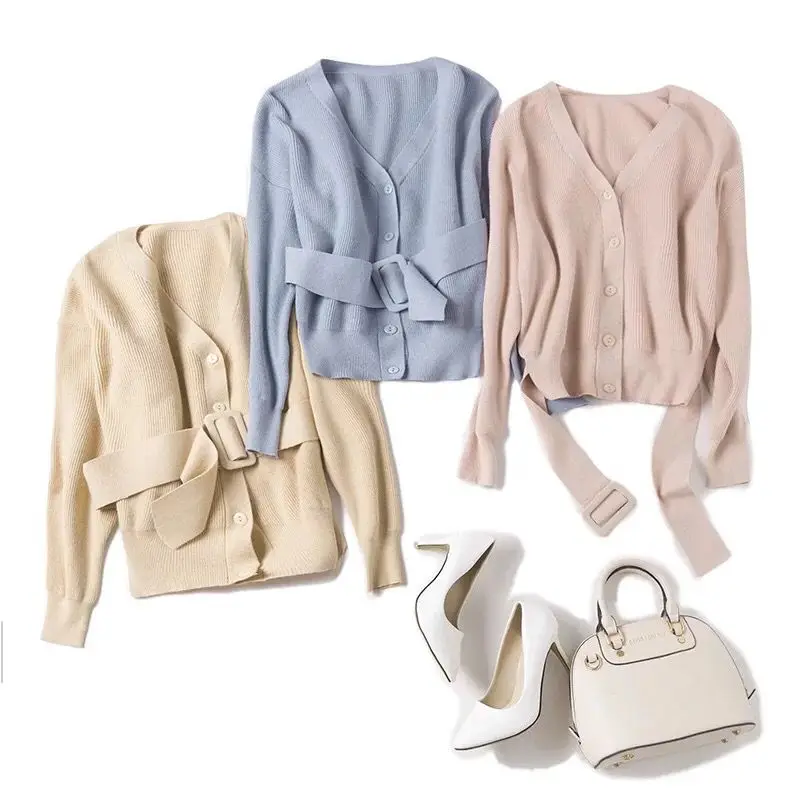 

New Korean Style Women's Knitted Cardigans V-neck Belt Sweaters Solid Elegant 2018 Autumn Designer Female Party Clothes Tops Hot