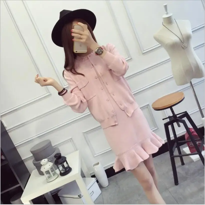 Осенне зимний вязаный комплект из двух предметов женское трикотажное платье +