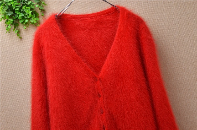 Ladies women autumn red christmas small size plush angora rabbit fur knitted V-neck long sleeves cardigans sweater coat winter |
